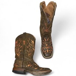 Brown leather Stetson cowboy boots with western cutout design